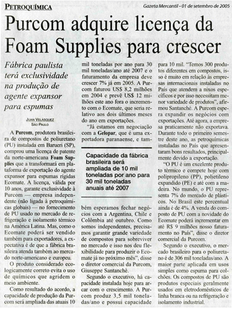 Gazeta Mercantil / Purcom realiza parceria com a norte-americana Foam Supplies